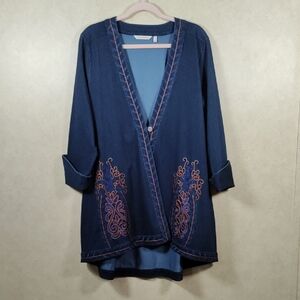 03106 Soft Surroundings Blue Knit denim look embroidered jacket L NEW